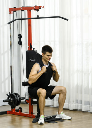Lat Pull Down Machine, High / Low Pulley Machine with Adjustable Seat and Flip-Up Footplate, Red