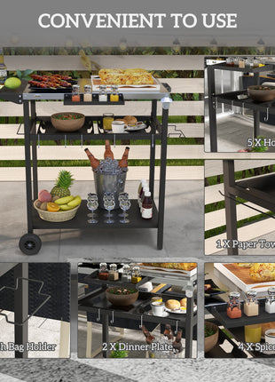 2-Tier Shelf Outdoor Bar Cart, Stainless Steel Tabletop Patio Serving Cart with Accessories for Poolside, Garden, Black