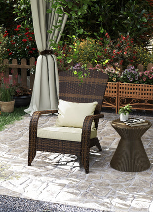 Patio Adirondack Chair with Rattan Wicker, Soft Cushions, Tall Curved Backrest for Deck or Garden, Cream White