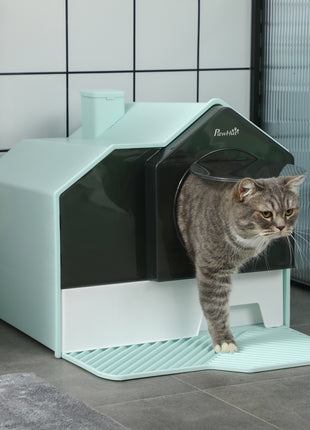 Hooded Cat Litter Box w/ Litter Mat, Litter Particle Catching, Light Blue