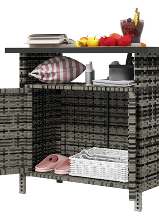Wicker Outdoor Storage Cabinet with Two Doors and Shelf for Outdoor Pool Towel Storage, Mixed Gray