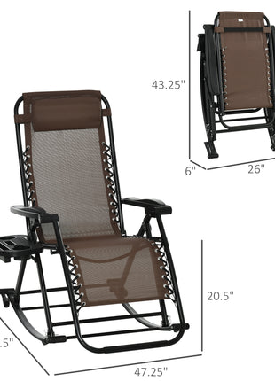 Outdoor Rocking Chairs, Foldable Reclining Zero Gravity Lounge Rocker with Pillow, Cup & Phone Holder, Combo Design with Folding Legs, Brown