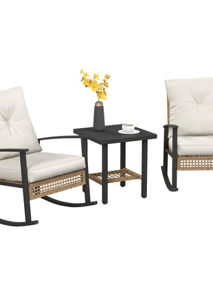 3 Pieces Bistro Set, Patio Wicker Furniture Set with Button Tufted Cushions, Rattan Rocking Chairs, Coffee Table, White