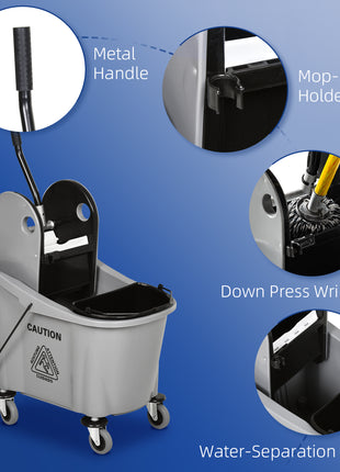 9.5 Gallon (38 Quart) Mop Bucket with Wringer Cleaning Cart, 4 Moving Wheels, Mop-Handle Holder & 2 Separate Buckets, Gray
