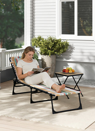 Folding Chaise Lounge Pool Chair with 4-Position Reclining Back, Pillow, Breathable Mesh & Bungee Seat, Rainbow Striped