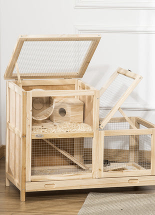 2-Tier Wooden Hamster Cage, Small Animals Hutch, w/ Seesaw, Tray
