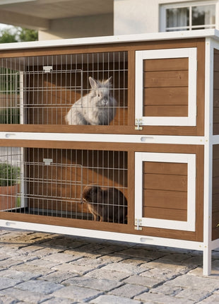 Wooden Rabbit Hutch w/ Dividers Asphalt Roof for Small Animals & Outdoors, Brown