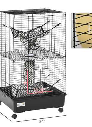 42" Ferret Cage, Small Animal Habitat Metal Pet Cage with Wheels Brakes, Hammocks, Hanging Tunnels, and 3 Doors, Black