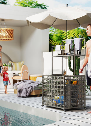 Wicker Pool Float Storage Organizer, PE Rattan Pool Float Holder with Basket Shelf Towel Bars, Rolling Pool Caddy for Floaties, Noodles, Life Vests, Beach Balls, Mixed-Gray