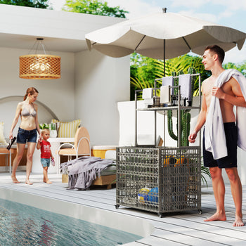 Wicker Pool Float Storage Organizer, PE Rattan Pool Float Holder with Basket Shelf Towel Bars, Rolling Pool Caddy for Floaties, Noodles, Life Vests, Beach Balls, Mixed-Gray