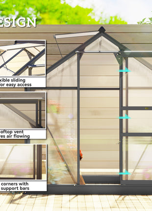Polycarbonate Greenhouse, Heavy Duty Outdoor Aluminum Walk-in Green House Kit Vent Door, 6.2'x4.3'x6.6' Gray