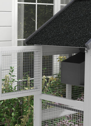 Wooden Bird Aviary with Slide-Out Tray, Birdhouse, Ladder, Perches for Finches, Parakeets, Gray