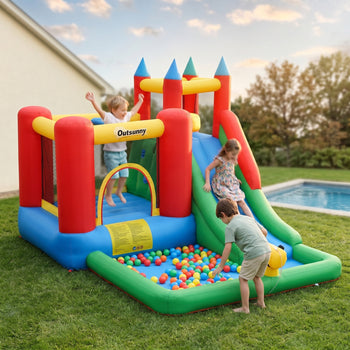Kids Bounce House Inflatable Slide with Splash Pool, Water Cannon, Climbing Wall, Inflator Included, 6 in1 Bouncy Castle Kids Backyard Activity Outdoor Water Play Toy