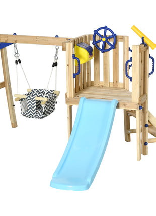 Swing Set for Backyard, Wooden Toddler Outdoor Playset with Baby Swing Seat, Kids Slide, Fort, Playground Equipment with Captain's Wheel, Telescope for Ages 1.5-4, Natural