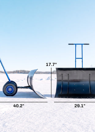 Snow Shovel with Wheels, 29" Metal Snow Pusher with Adjustable Handle, 7-Angle Blade, Wear Strip for Driveway, Blue