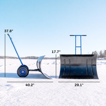 Snow Shovel with Wheels, 29" Metal Snow Pusher with Adjustable Handle, 7-Angle Blade, Wear Strip for Driveway, Blue