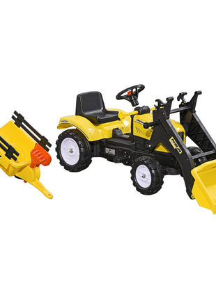 Ride-On Kids Bulldozer/Excavator Toy with Real Working Dirt Bucket, Easy Pedal Controls, 6 Wheels, & Cargo Trailer