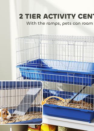 2-Tier Guinea Pig Cage, Ferret Cage, Chinchilla Cage, Small Animal Cage Indoor with Dish and Bottle, 2 Doors, Deep Bottoms, Ramp, 28", Blue