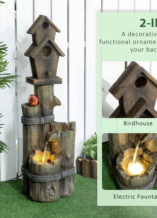 Outdoor Fountain with Birdhouse, Cascading Garden Waterfall Bird Bath with 3-Tier Rustic Tree Trunk / Log Design, LED Lights for Porch, Deck, Yard Decor, Brown