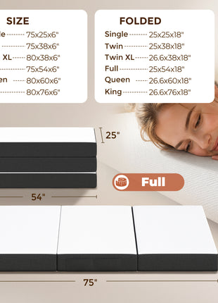 Trifold Mattress, 6 Inch Memory Foam Mattress for Guest, Camping, RV, Travel, Yoga, Made in USA, 75" x 54" x 6"