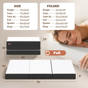 Trifold Mattress, 6 Inch Memory Foam Mattress for Guest, Camping, RV, Travel, Yoga, Made in USA, 75" x 54" x 6"