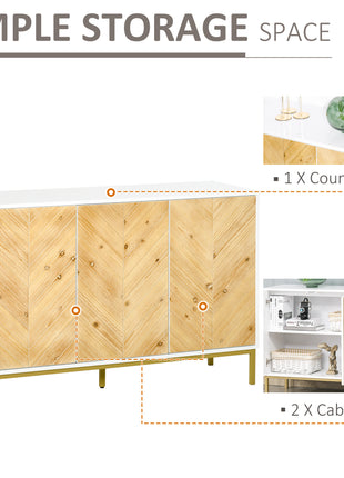 3 Door Sideboard Buffet Cabinet, Coffee Bar Cabinet with Chevron Pattern, Adjustable Shelf and Metal Legs, Natural Wood