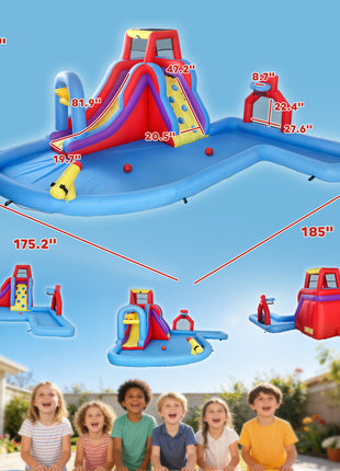 Inflatable Water Slide 6 in 1 with 480W Blower, Bounce House with Climbing Wall, Splashing Pool, Basketball Hoop