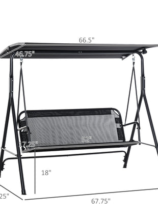 2-Seater Patio Swing Chair, Outdoor Adjustable Canopy Porch Swing with Armrests, Texeline Fabric and Steel Frame, Black