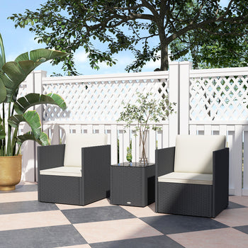 Folding Wicker Bistro Set, 3 Piece Patio Furniture Set with Cushions and Glass Coffee Table for Porch, Balcony, Black