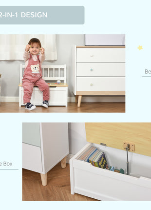 2-in-1 Kids Wooden Toy Organizer Chest Storage Box with Seat Bench Cabinet Chunk Cube with Safety Pneumatic Rod White