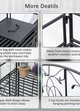 Folding Potting Bench Table, Metal Garden Workstation, Work Bench with Large Built-in Bag with Cover, 5 Hanging Hooks & Storage Shelf, Leaf Pattern