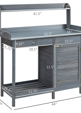 Outdoor Potting Bench Table, Garden Work Station with Storage Cabinet, Open Shelf and Steel Tabletop, Gray