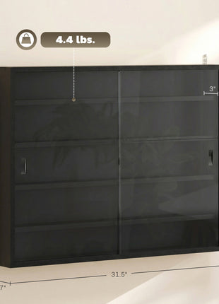 5-Tier Display Cabinet, Wall-Mounted Display Case with 2 Glass Doors and Adjustable Shelves, Jet Black