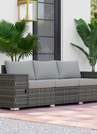 3 Seater Wicker Outdoor Couch Patio Sofa with Storage, Thickened Cushions and Wide Armrests for Porch Yard, Gray