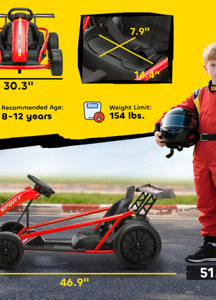 24V 7AH Kids Electric Go Kart, 8.1 MPH Battery Powered Drift Kart with Dual Motors, Soft Start for 8-12 Years, Red