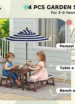 Outdoor Wooden Kids Picnic Table & Bench Set with Cushions and Umbrella, for Patio, Garden, Navy Blue