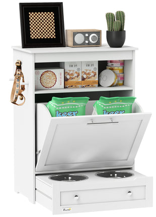 Pet Feeder Station Storage Cabinet, Dog Food Storage Container with Dog Raised Bowls, Watering Supplies, White