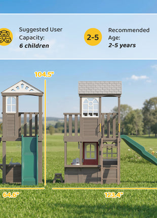 Two-Story Outdoor Playhouse, Wooden Kids Playhouse with Slide, Bench, BBQ Play Kitchen, Ladder, Lookout Platform, Clock