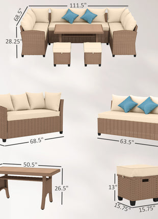 6 Piece Patio Furniture Set, PE Wicker Outdoor Furniture Conversation Set with 3 Sofas, 2 Ottomans and Slatted WPC Top Dining Table, All Weather Sectional Sofa Couch with Pillows, Khaki