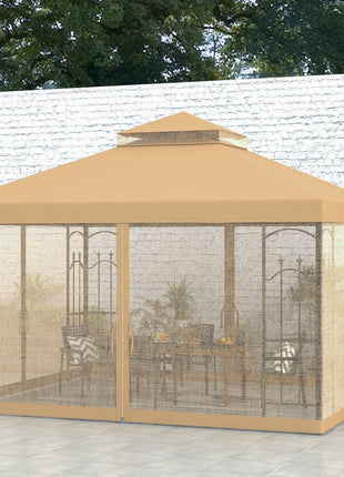 10' x 12' Patio Gazebo with Corner Frame Shelves, Double Roof Outdoor Gazebo Canopy Shelter with Netting, Brown