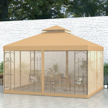 10' x 12' Patio Gazebo with Corner Frame Shelves, Double Roof Outdoor Gazebo Canopy Shelter with Netting, Brown