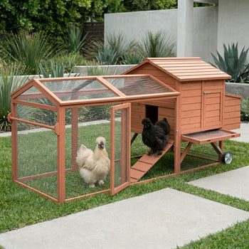 96.5" Chicken Coop Wooden Hen House Poultry Cage Pen Portable with Wheels and Nesting Box, Chicken Cage for Backyard Outdoor, Natural