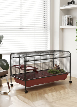 48" L Small Animal Cage, Pet Play House for Rabbit Hutch or Ferret with Feeder, Rolling Wheels, Platform, Ramp