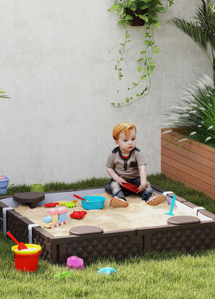 Kids Sandbox with Cover, 4 Corner Seats, Bottom Liner for Backyard, Garden, Outdoor, 47" x 47" x 9", Dark Brown