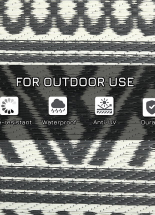 Reversible Outdoor Rug Carpet RV Camping Rugs with Carry Bag, 9' x 18', Gray & Cream White Boho