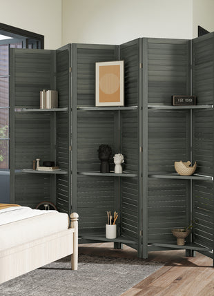 6 Panel 67" Tall Wood Privacy Screen Room Divider with 3 Shelves and Folding Storage for Bedroom, Gray