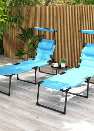 2 Pcs Outdoor Lounge Chair, 4 Position Adjustable Backrest, Folding, Cushioned w/ Sun Shade Roof & Pillow, Blue