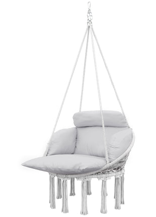 Hammock Swing Chair, Macrame Hanging Chair with Large Cushion, Chain, Steel Frame for Indoor Outdoor Use, Gray