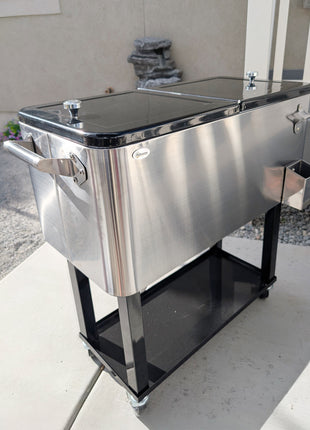 80 QT Rolling Cooling Bins Ice Chest on Wheels Outdoor Stand Up Drink Cooler Cart for Party, Silver