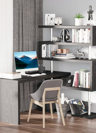 94" 5 Tier L-Shaped Computer Desk Rotating Writing Table Corner Desk with Display Shelves and Stainless Steel Frame, Black